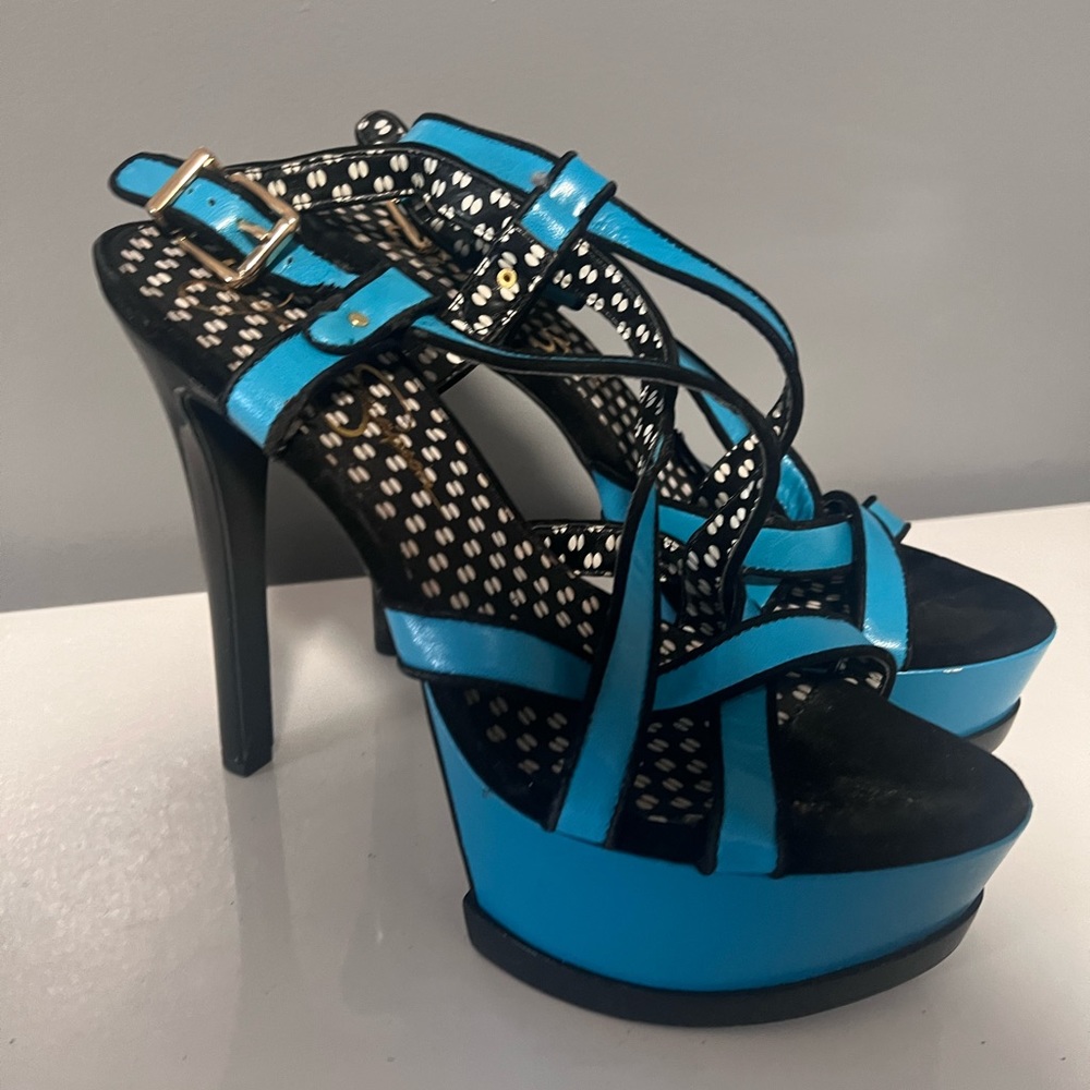 Blue and Black Leather Platform Heel